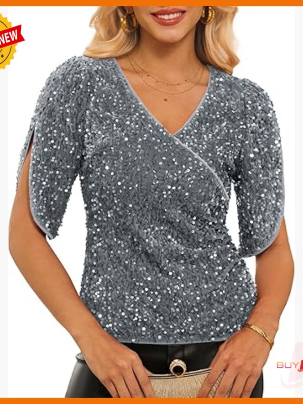 Velvet Sequin Blouse 3/4 Sleeve V-Neck Party Top Ruched Glitter